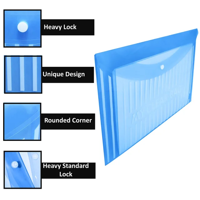 Button file Transparent Lining Printed Document Certificate Storage Case, Snap Button Organizer, My Clear Plastic Bag(Blue) pack of 20 - Blue