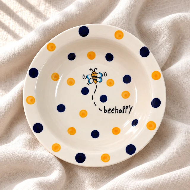Smirk Living Bee Happy Ceramic Pasta Bowl | 400ml | 7 Inches | Cute Bee & Polka Dot Design - 1