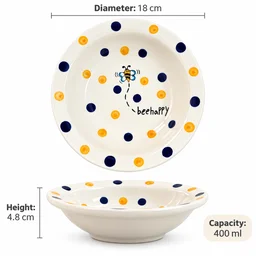 Smirk Living Bee Happy Ceramic Pasta Bowl | 400ml | 7 Inches | Cute Bee & Polka Dot Design - 1