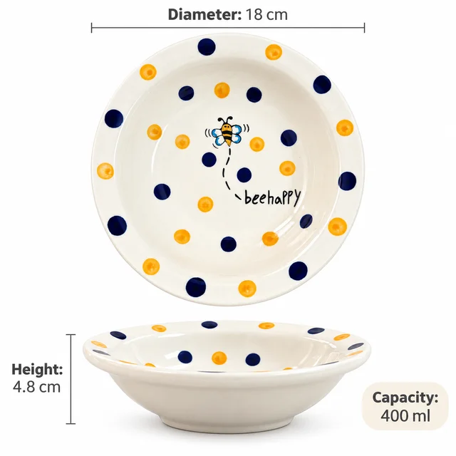 Smirk Living Bee Happy Ceramic Pasta Bowl | 400ml | 7 Inches | Cute Bee & Polka Dot Design - 1
