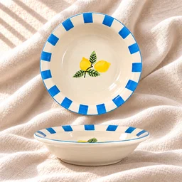 Smirk Living Lemon Bliss Ceramic Pasta Plate| 7 Inches | 400ml | Hand-Painted | Blue & White Lemon Design - 2