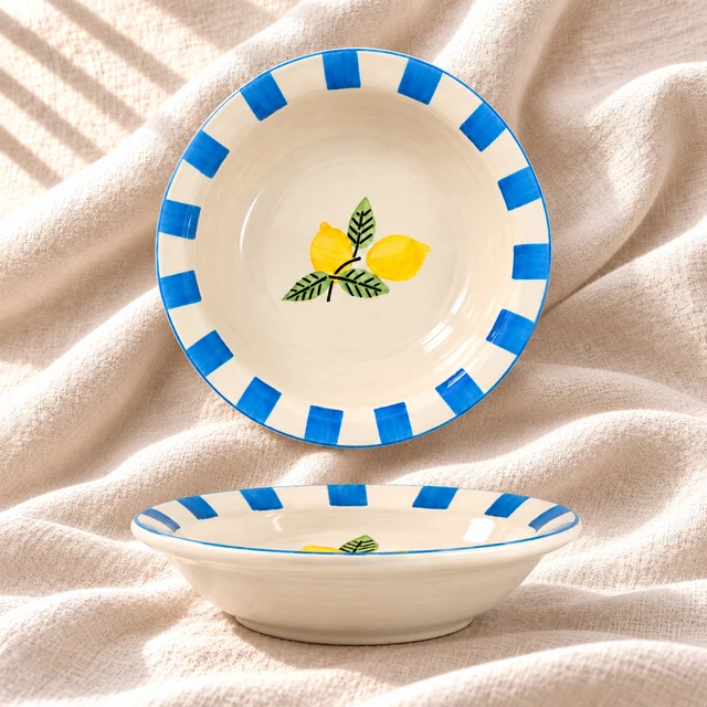Smirk Living Lemon Bliss Ceramic Pasta Plate| 7 Inches | 400ml | Hand-Painted | Blue & White Lemon Design - 2