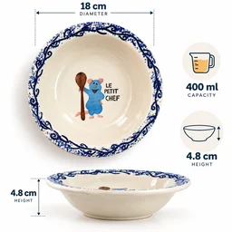 Smirk Living Le Petit Chef Ceramic Pasta Bowl | 400ml | 7 inches | Cute Chef Rat Design | Blue & White Ceramic Tableware - 1
