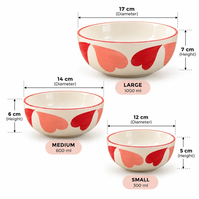 Smirk Living Love Hearts Ceramic Bowl Set of 3 | Stackable Bowls | 300ml, 600ml & 1000ml | Pink & Red Heart Design | Aesthetic Dinnerware