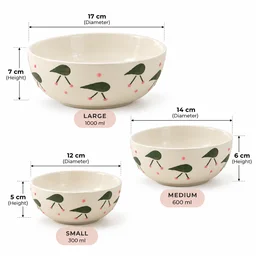 Smirk Living Cherry Bliss Ceramic Bowl Set of 3 | Stackable Bowls | 300ml, 600ml & 1000ml | Cute Cherry Design | Ivory, Green & Pink | Aesthetic Ceramic Serving Bowls
