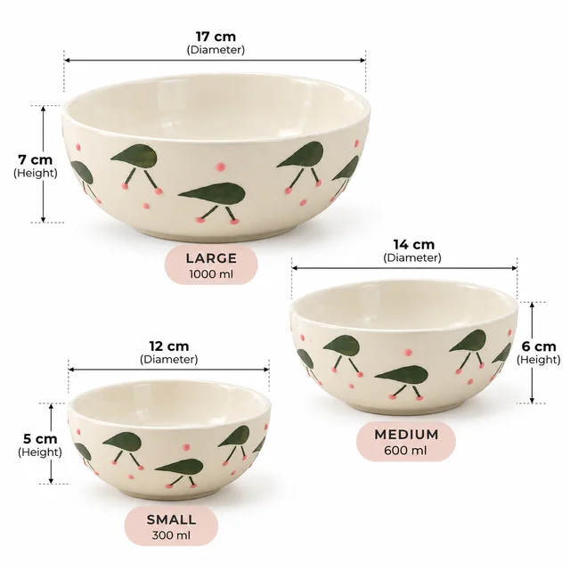 Smirk Living Cherry Bliss Ceramic Bowl Set of 3 | Stackable Bowls | 300ml, 600ml & 1000ml | Cute Cherry Design | Ivory, Green & Pink | Aesthetic Ceramic Serving Bowls