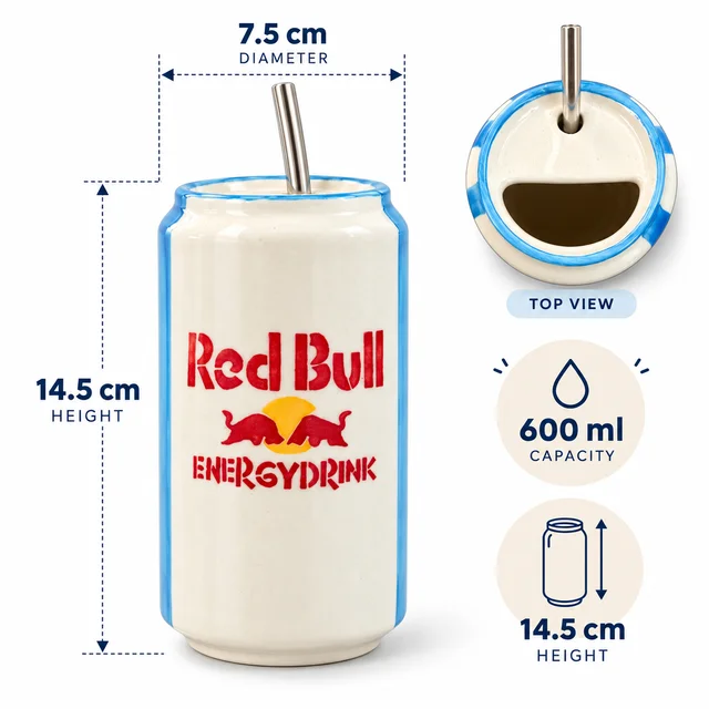 Smirk Living Red Bull Ceramic Sipper | 5.5 Inches | 600ml | | Blue & White Can Design | With Stainless Steel Straw - 2