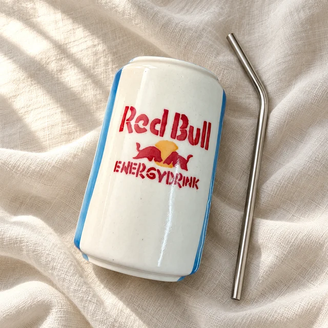 Smirk Living Red Bull Ceramic Sipper | 5.5 Inches | 600ml | | Blue & White Can Design | With Stainless Steel Straw - 2