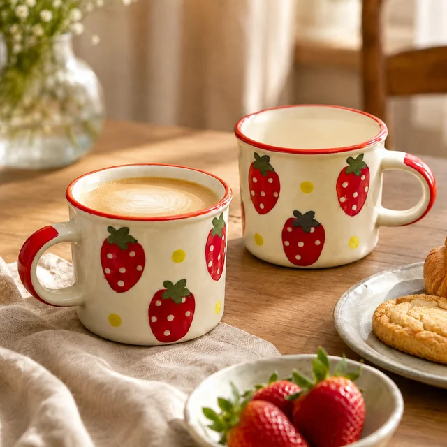 Smirk Living Strawberry Bliss Ceramic Coffee Mug | Cute Strawberry Design | Red & Ivory | Aesthetic Coffee Cups - 2