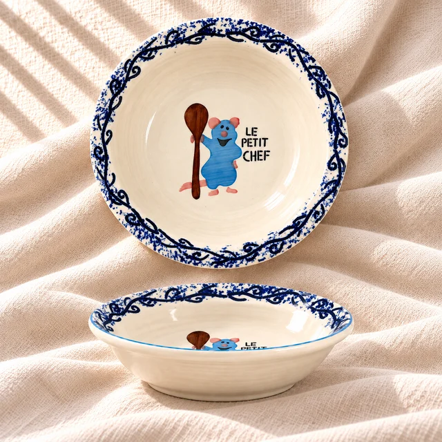 Smirk Living Le Petit Chef Ceramic Pasta Bowl | 400ml | 7 inches | Cute Chef Rat Design | Blue & White Ceramic Tableware - 1