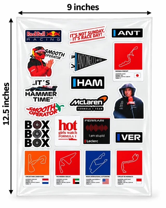 Smirk Living F1 Racing DTF Transfer Sticker Sheet | 12.5 × 9 Inches | Long-Lasting Motorsport & Racing Stickers for Laptop, Bottles, Phone Cases & More – Smirk Living