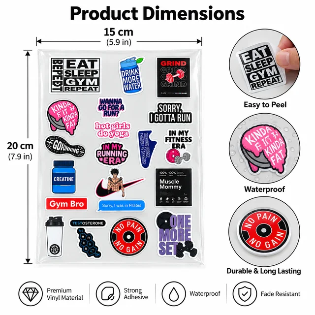 Smirk Living Gym & Fitness DTF Transfer Sticker Sheet | 12.5 × 9 Inches | Long-Lasting Workout, Running & Pilates Stickers for Laptop, Bottles & More – Smirk Living