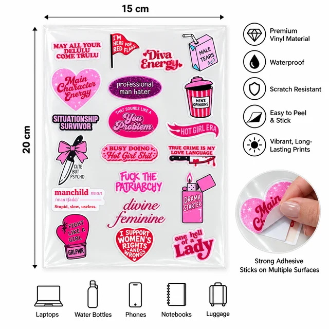 Smirk Living Girls DTF Transfer Sticker Sheet | Bold Pink & Sassy Designs | Long-Lasting Glossy Stickers for Laptop, Bottles, Phone Cases & More – Smirk Living
