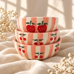 Smirk Living Cherry Stripe Ceramic Bowl Set of 3 | Stackable Bowls | 300ml, 600ml & 1000ml | Pink & Ivory | Aesthetic Dinnerware