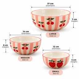 Smirk Living Cherry Stripe Ceramic Bowl Set of 3 | Stackable Bowls | 300ml, 600ml & 1000ml | Pink & Ivory | Aesthetic Dinnerware