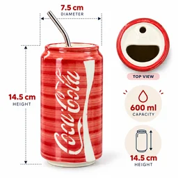 Smirk Living Coca-Cola Ceramic Can Sipper with Stainless Steel Straw | 5.5 Inches | 600ml |Red & White - 2
