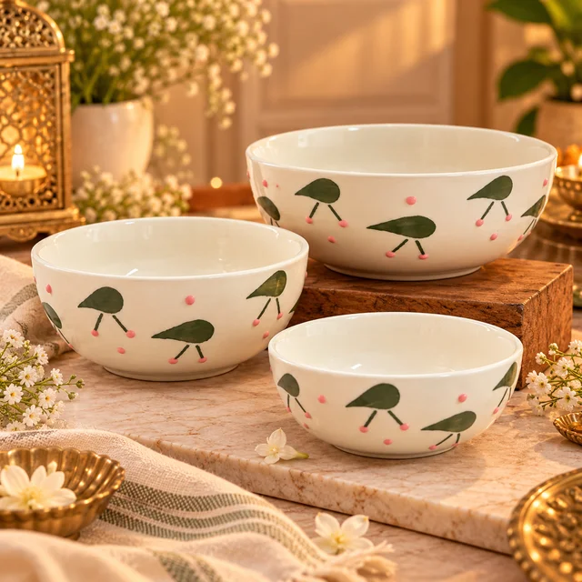 Smirk Living Cherry Bliss Ceramic Bowl Set of 3 | Stackable Bowls | 300ml, 600ml & 1000ml | Cute Cherry Design | Ivory, Green & Pink | Aesthetic Ceramic Serving Bowls