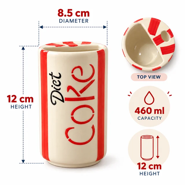 Smirk Living Diet Coke Inspired Ceramic Sipper | 460ml | 12cm | Red & Ivory Can Design | With Stainless Steel Straw - 4