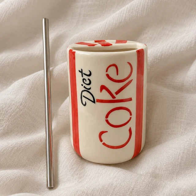 Smirk Living Diet Coke Inspired Ceramic Sipper | 460ml | 12cm | Red & Ivory Can Design | With Stainless Steel Straw - 4