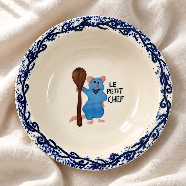 Smirk Living Le Petit Chef Ceramic Pasta Bowl | 400ml | 7 inches | Cute Chef Rat Design | Blue & White Ceramic Tableware - 1
