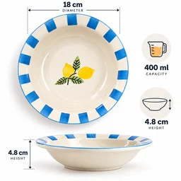 Smirk Living Lemon Bliss Ceramic Pasta Plate| 7 Inches | 400ml | Hand-Painted | Blue & White Lemon Design - 2