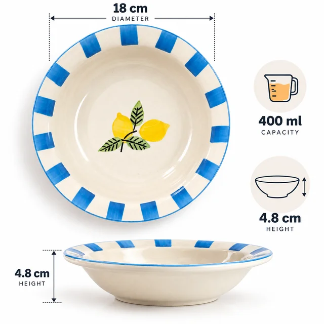 Smirk Living Lemon Bliss Ceramic Pasta Plate| 7 Inches | 400ml | Hand-Painted | Blue & White Lemon Design - 2