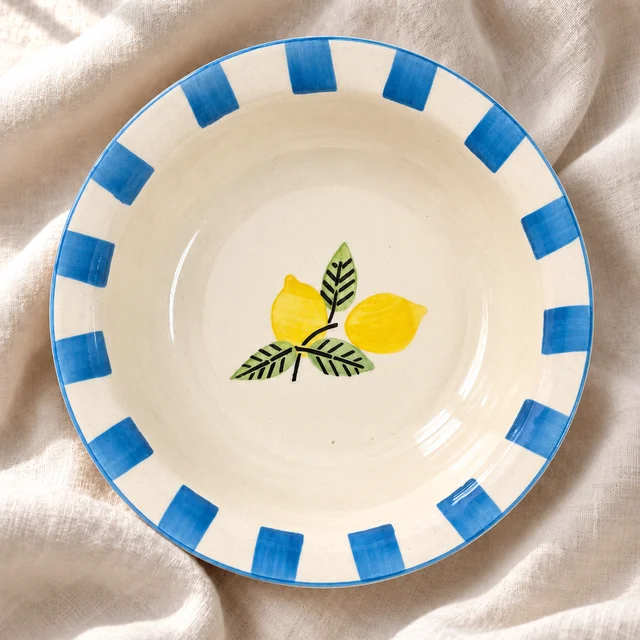 Smirk Living Lemon Bliss Ceramic Pasta Plate| 7 Inches | 400ml | Hand-Painted | Blue & White Lemon Design - 2