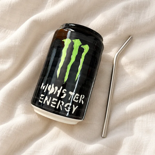 Smirk Living Monster Energy Ceramic Sipper | 5.5 Inches | 600ml | Black & Green Can Design | With Stainless Steel Straw - 2