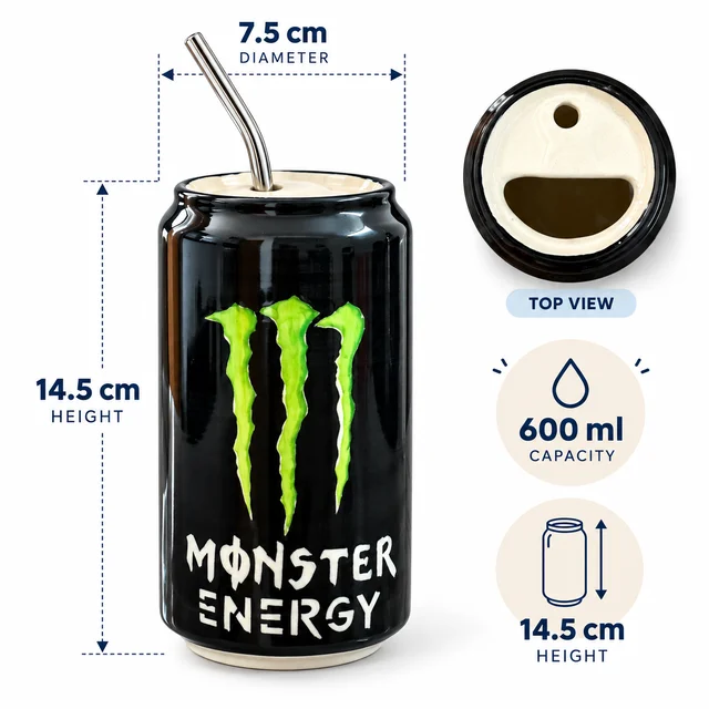 Smirk Living Monster Energy Ceramic Sipper | 5.5 Inches | 600ml | Black & Green Can Design | With Stainless Steel Straw - 2