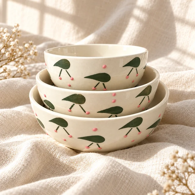 Smirk Living Cherry Bliss Ceramic Bowl Set of 3 | Stackable Bowls | 300ml, 600ml & 1000ml | Cute Cherry Design | Ivory, Green & Pink | Aesthetic Ceramic Serving Bowls