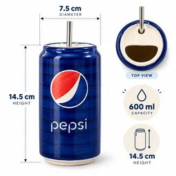 Smirk Living Pepsi Ceramic Can Sipper with Stainless Steel Straw | 5.5 Inches | 600ml | Blue Can Design - 2