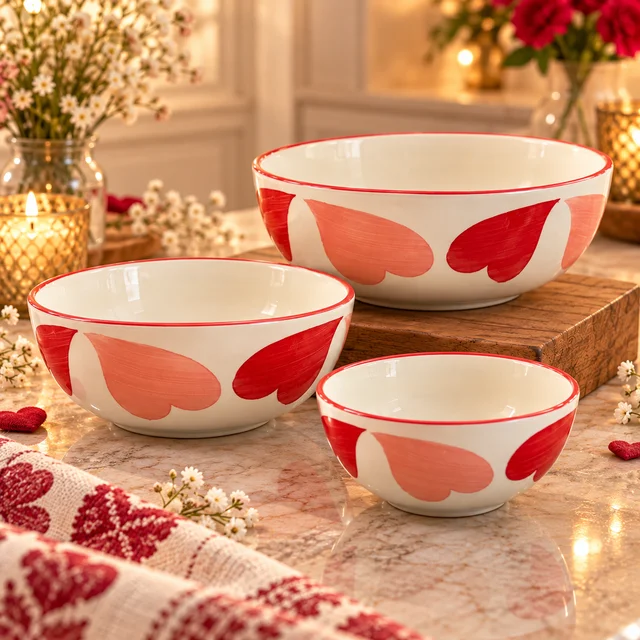 Smirk Living Love Hearts Ceramic Bowl Set of 3 | Stackable Bowls | 300ml, 600ml & 1000ml | Pink & Red Heart Design | Aesthetic Dinnerware