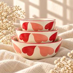 Smirk Living Love Hearts Ceramic Bowl Set of 3 | Stackable Bowls | 300ml, 600ml & 1000ml | Pink & Red Heart Design | Aesthetic Dinnerware