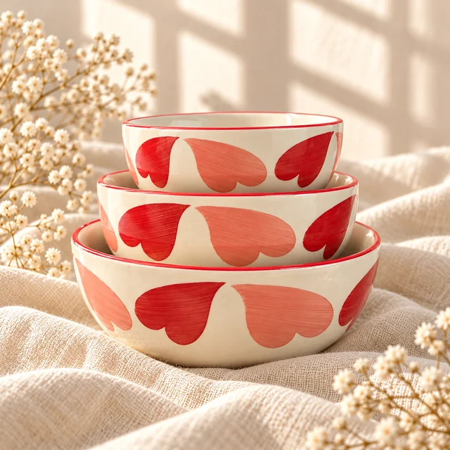 Smirk Living Love Hearts Ceramic Bowl Set of 3 | Stackable Bowls | 300ml, 600ml & 1000ml | Pink & Red Heart Design | Aesthetic Dinnerware