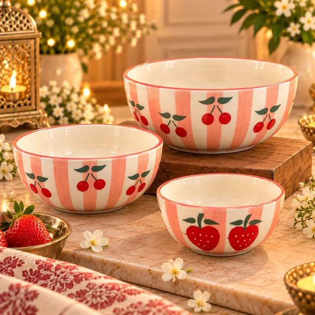 Smirk Living Cherry Stripe Ceramic Bowl Set of 3 | Stackable Bowls | 300ml, 600ml & 1000ml | Pink & Ivory | Aesthetic Dinnerware