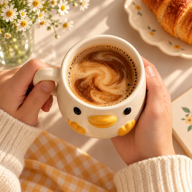 Smirk Living Cute Duck Ceramic Coffee Mug | 200ml | 3D Duck Design | Cream & Yellow - 2