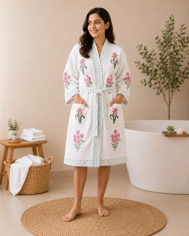 Flora Handblock cotton Bathrobe