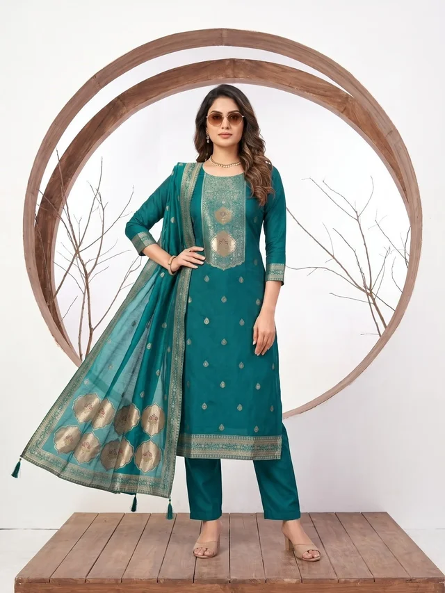 Peacock Teal Semi-Stitched Suit Set with Dupatta – Vasudha
