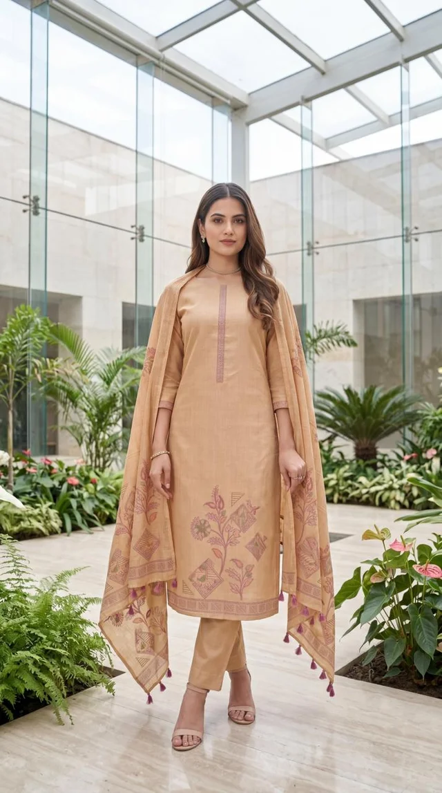 Beige Pure Jamdani Cotton Suit Set for Women – Meher Set