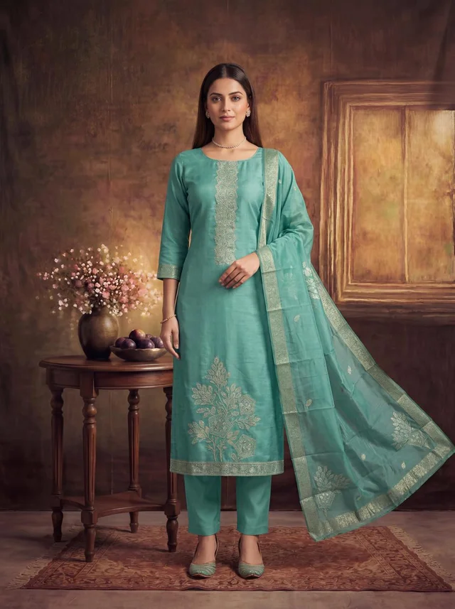 Aqua Sage Mul Cotton Embroidered Semi-Stitched Suit Set with Dupatta - Zarra