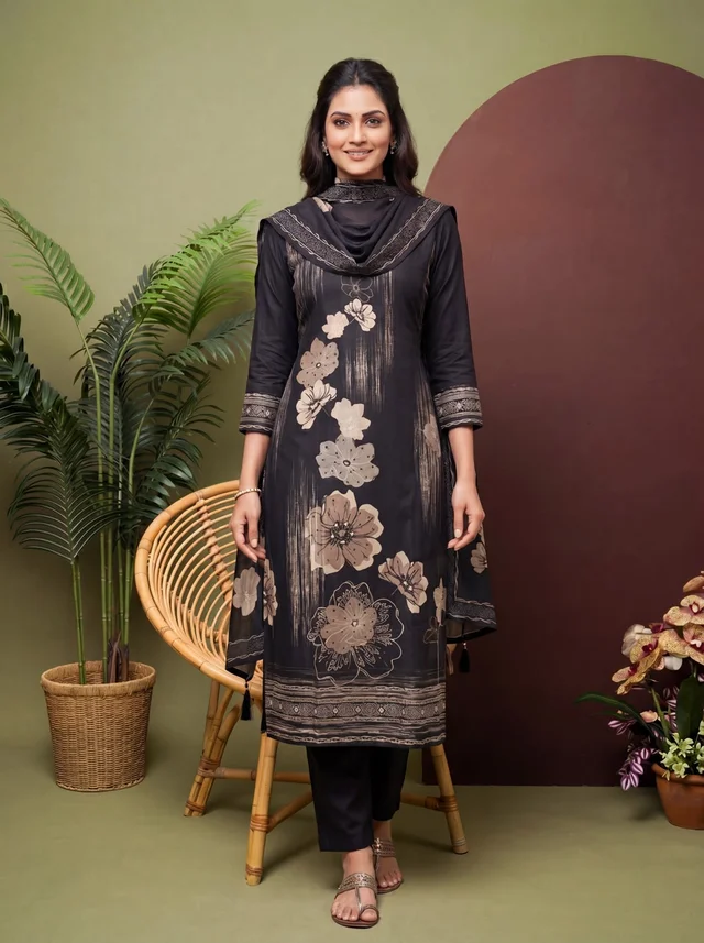 Black Floral Designer Muslin Suit Set With Dupatta – Elara Set