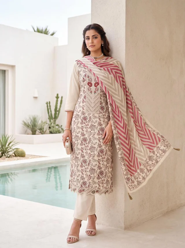 Cream Pink Floral Printed Premium Muslin Suit Set With Dupatta – Kesar Set