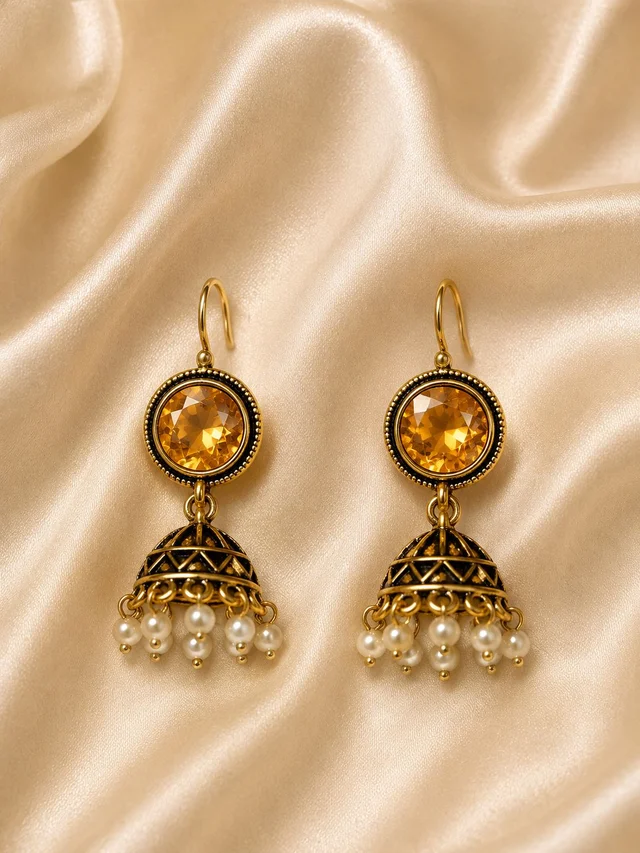 Antique Gold Plated Citrine Pearl Drop Jhumka Earrings for Festive Wear