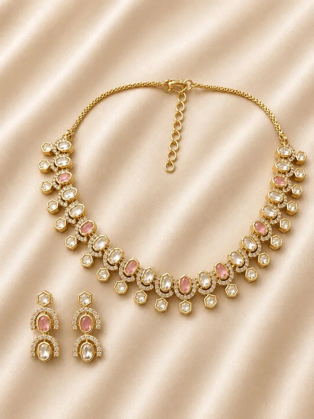 Antique Gold Kundan Style Polki Necklace and Earrings Bridal Set