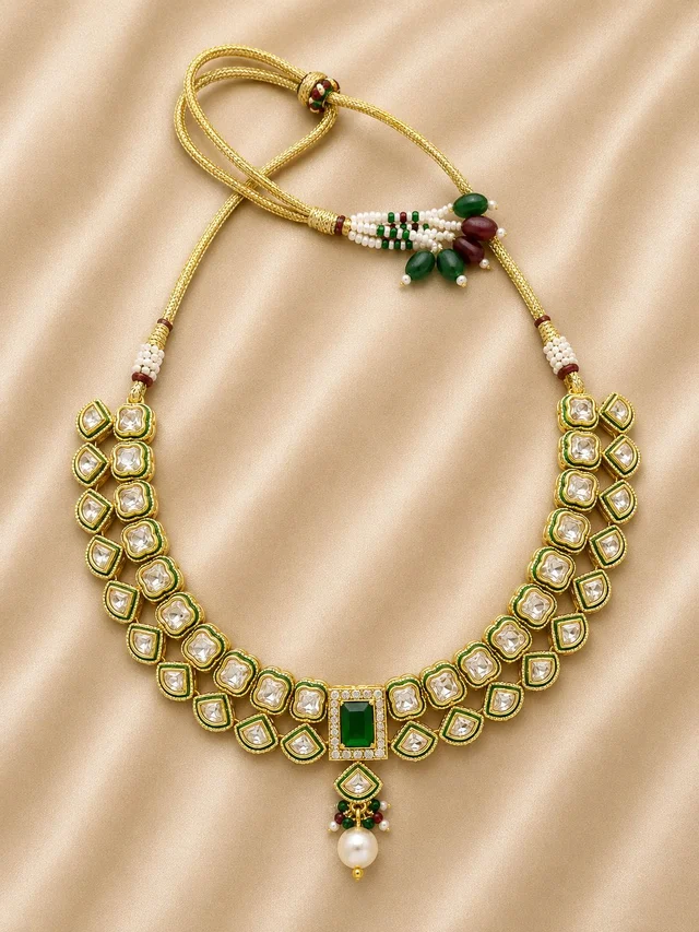 Antique Gold Kundan Meenakari Bridal Choker Necklace with Pearl Drop