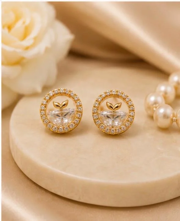 Gold Plated Clear Stone Halo Botanical Stud Earrings