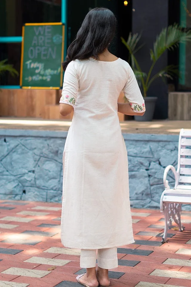 White Pure Cotton Floral Embroidered Round-Neck A-Line Kurta & Trouser Set