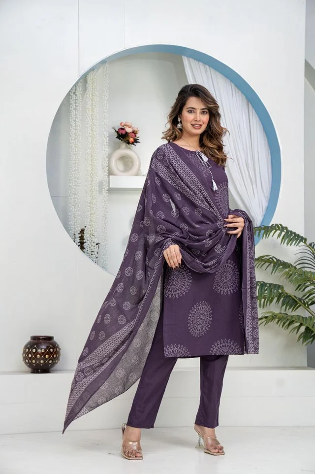 Blue Pure Cotton Floral Printed Round-Neck Kurta, Trouser & Dupatta Set - Style 1377