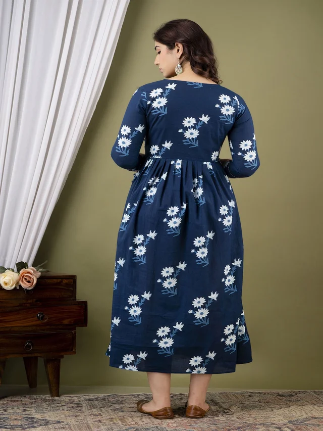 Navy Blue Pure Cotton Floral Printed Flared Maternity Maxi Dress - Style 1351