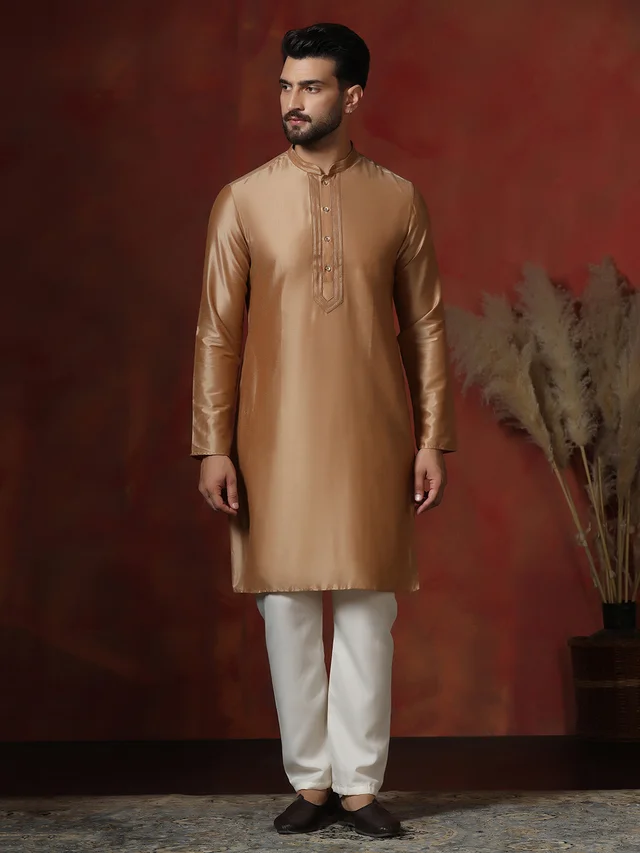Beige Dupion Solid Kurta & Pyjama Set - Style 1233